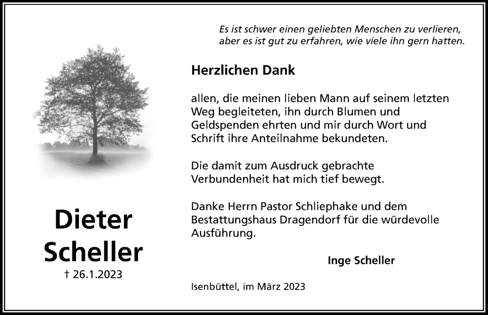  Traueranzeige für Dieter Scheller vom 18.03.2023 aus Aller Zeitung