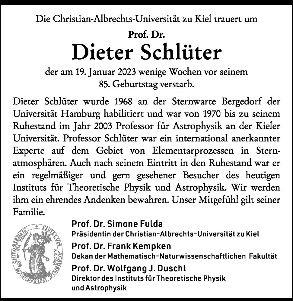  Traueranzeige für Dieter Schlüter vom 11.03.2023 aus Kieler Nachrichten