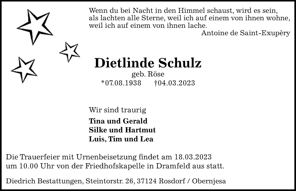  Traueranzeige für Dietlinde Schulz vom 11.03.2023 aus Göttinger Tageblatt