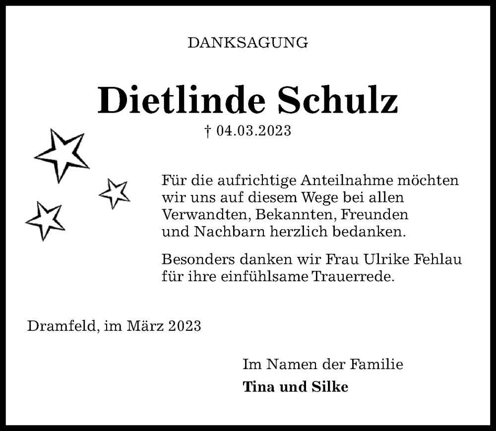  Traueranzeige für Dietlinde Schulz vom 25.03.2023 aus Göttinger Tageblatt