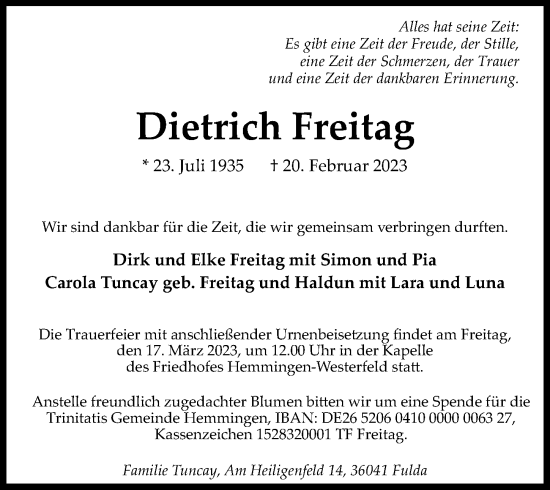 Traueranzeige von Dietrich Freitag von Hannoversche Allgemeine Zeitung/Neue Presse