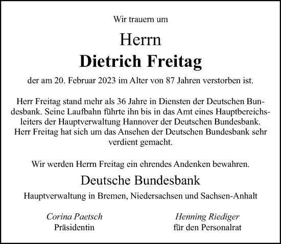 Traueranzeige von Dietrich Freitag von Hannoversche Allgemeine Zeitung/Neue Presse