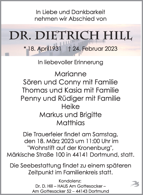 Traueranzeige von Dietrich Hill von Kieler Nachrichten