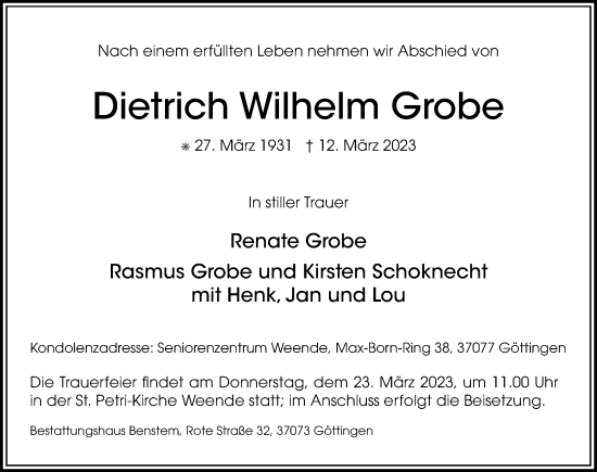 Traueranzeige von Dietrich Wilhelm Grobe von Göttinger Tageblatt
