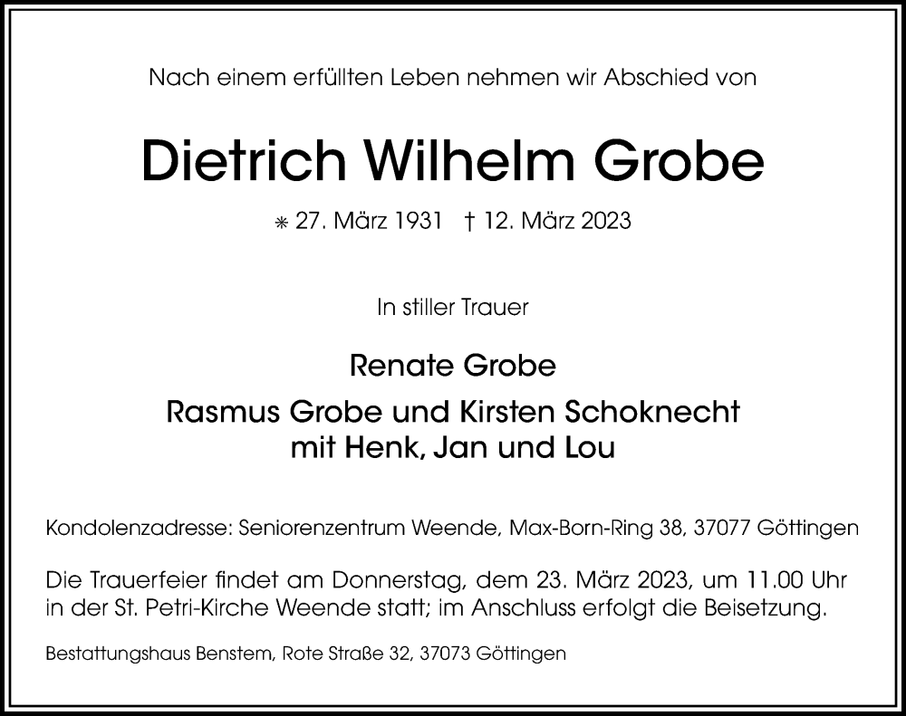  Traueranzeige für Dietrich Wilhelm Grobe vom 18.03.2023 aus Göttinger Tageblatt