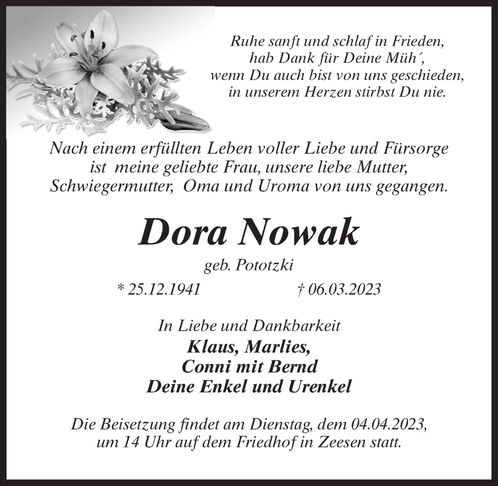  Traueranzeige für Dora Nowak vom 18.03.2023 aus Märkischen Allgemeine Zeitung