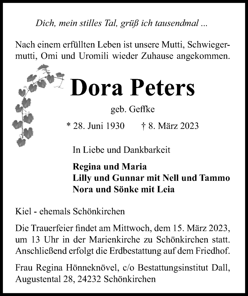  Traueranzeige für Dora Peters vom 11.03.2023 aus Kieler Nachrichten