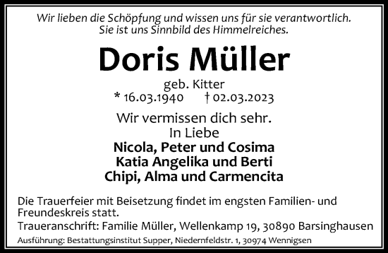 Traueranzeige von Doris Müller von Hannoversche Allgemeine Zeitung/Neue Presse