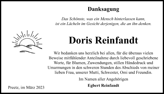 Traueranzeige von Doris Reinfandt von Ostsee-Zeitung GmbH