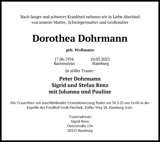 Traueranzeige von Dorothea Dohrmann von Kieler Nachrichten