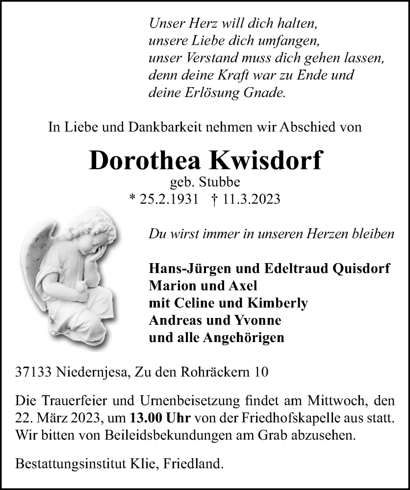  Traueranzeige für Dorothea Kwisdorf vom 18.03.2023 aus Göttinger Tageblatt