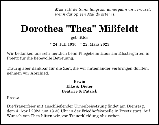 Traueranzeige von Dorothea  Mißfeldt von Kieler Nachrichten
