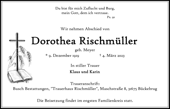 Traueranzeige von Dorothea Rischmüller von Schaumburger Nachrichten