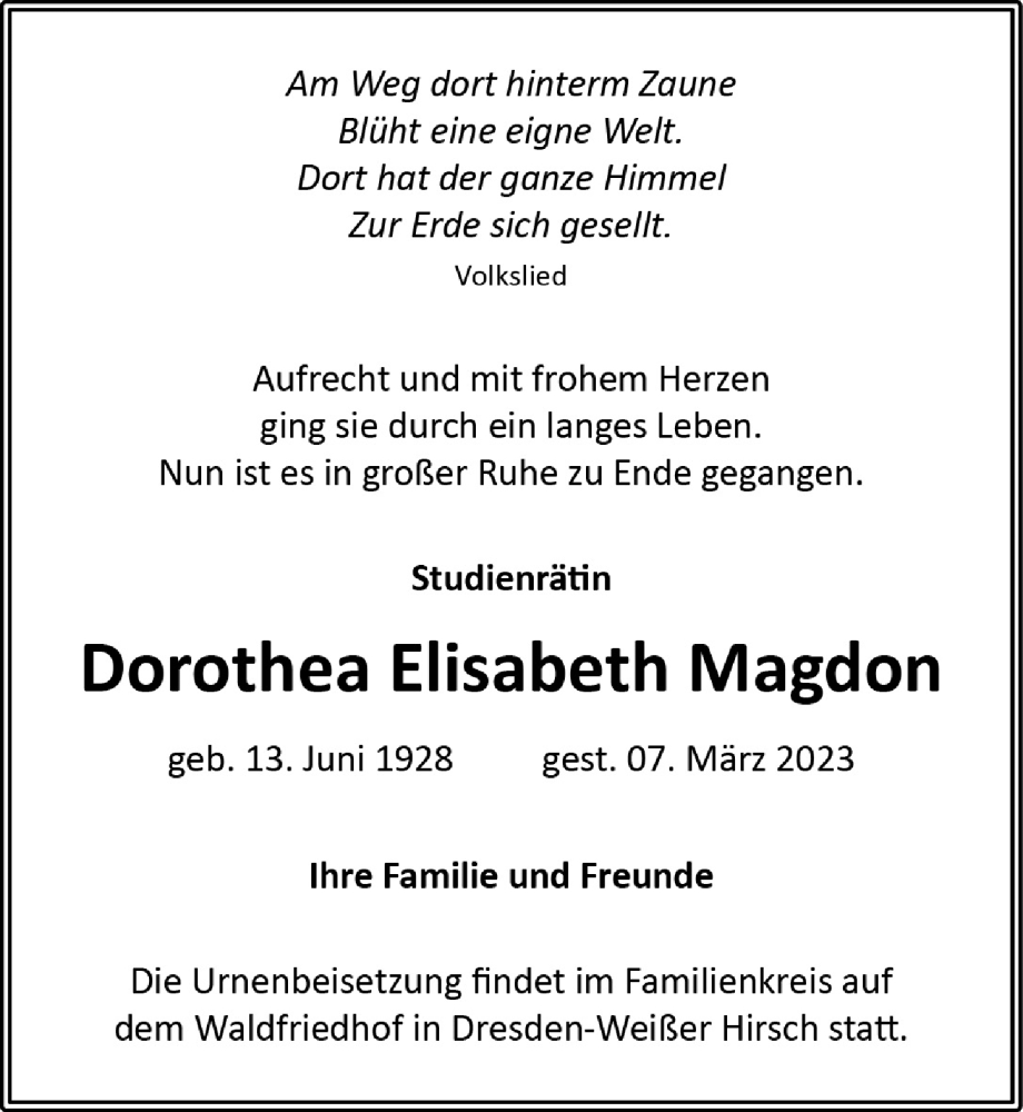  Traueranzeige für Dorothea Elisabeth Magdon vom 18.03.2023 aus Torgauer Zeitung