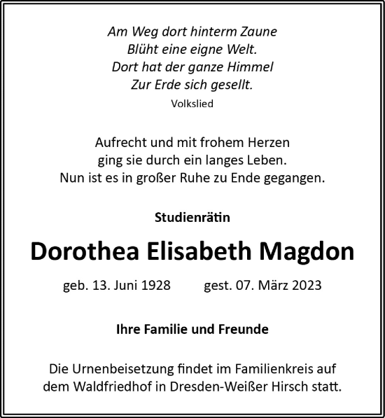 Traueranzeige von Dorothea Elisabeth Magdon von Torgauer Zeitung