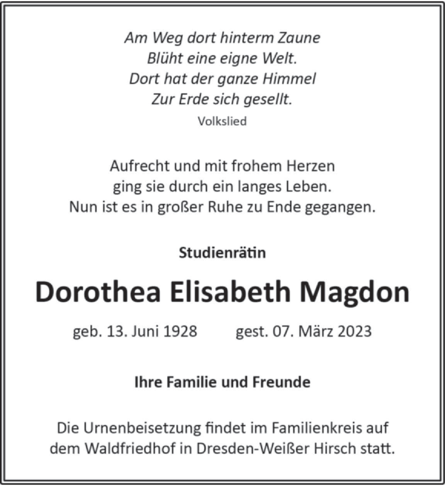  Traueranzeige für Dorothea Elisabeth Magdon vom 18.03.2023 aus Leipziger Volkszeitung
