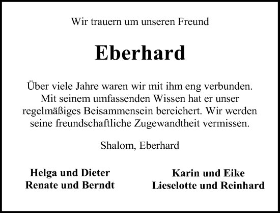 Traueranzeige von Eberhard  von Hannoversche Allgemeine Zeitung/Neue Presse