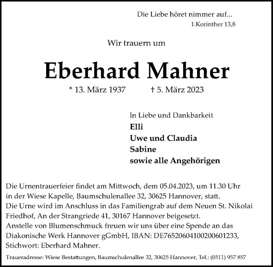 Traueranzeige von Eberhard Mahner von Hannoversche Allgemeine Zeitung/Neue Presse