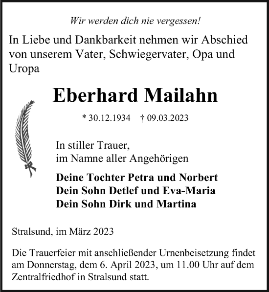 Traueranzeige von Eberhard Mailahn von Ostsee-Zeitung GmbH
