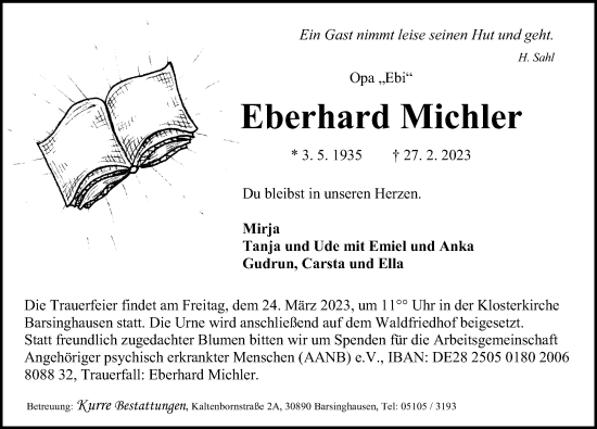 Traueranzeige von Eberhard Michler von Hannoversche Allgemeine Zeitung/Neue Presse