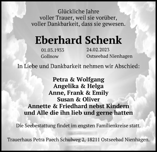 Traueranzeige von Eberhard Schenk von Ostsee-Zeitung GmbH