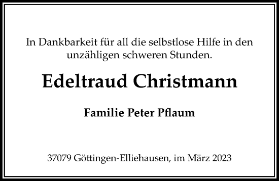 Traueranzeige von Edeltraud Christmann von Göttinger Tageblatt
