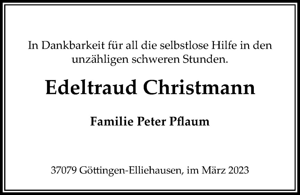  Traueranzeige für Edeltraud Christmann vom 11.03.2023 aus Göttinger Tageblatt