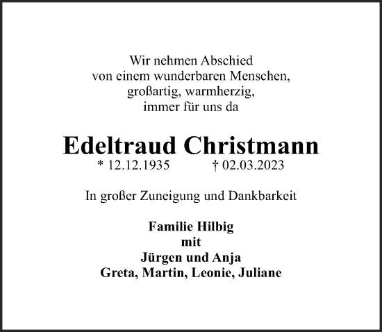 Traueranzeige von Edeltraud Christmann von Göttinger Tageblatt