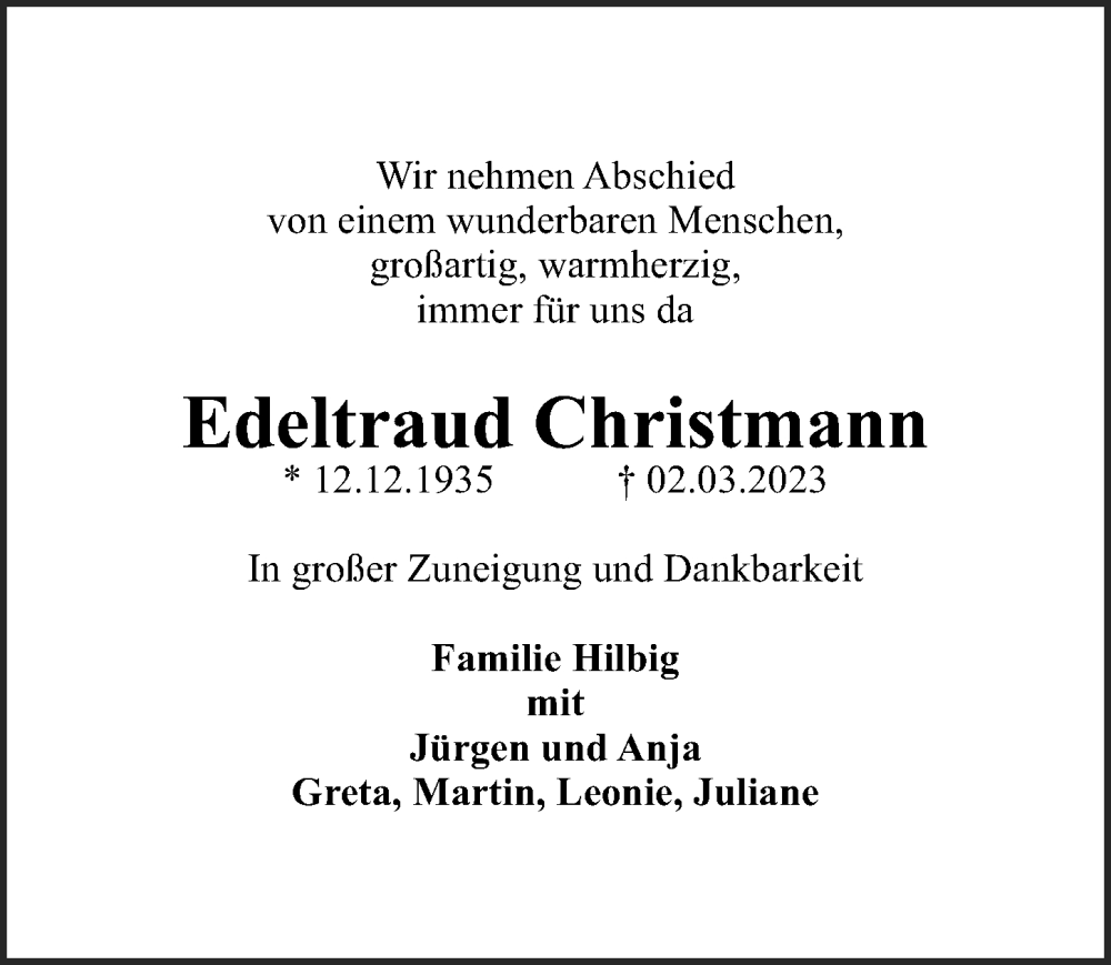  Traueranzeige für Edeltraud Christmann vom 11.03.2023 aus Göttinger Tageblatt