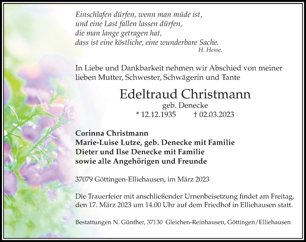  Traueranzeige für Edeltraud Christmann vom 11.03.2023 aus Göttinger Tageblatt