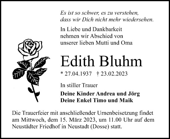 Traueranzeige von Edith Bluhm von Märkischen Allgemeine Zeitung