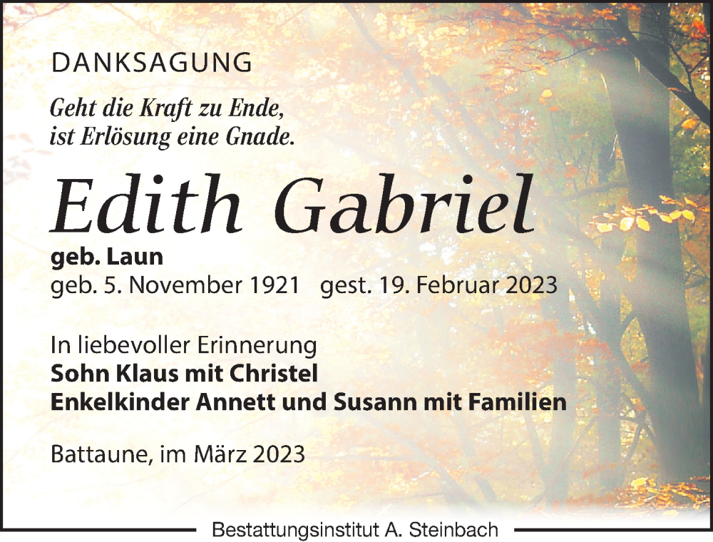  Traueranzeige für Edith Gabriel vom 18.03.2023 aus Leipziger Volkszeitung