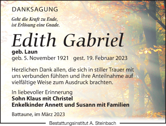 Traueranzeige von Edith Gabriel von Leipziger Volkszeitung