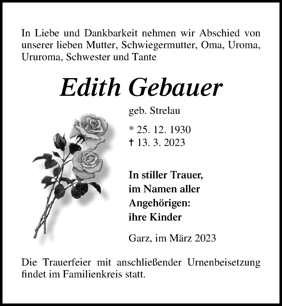  Traueranzeige für Edith Gebauer vom 18.03.2023 aus Ostsee-Zeitung GmbH