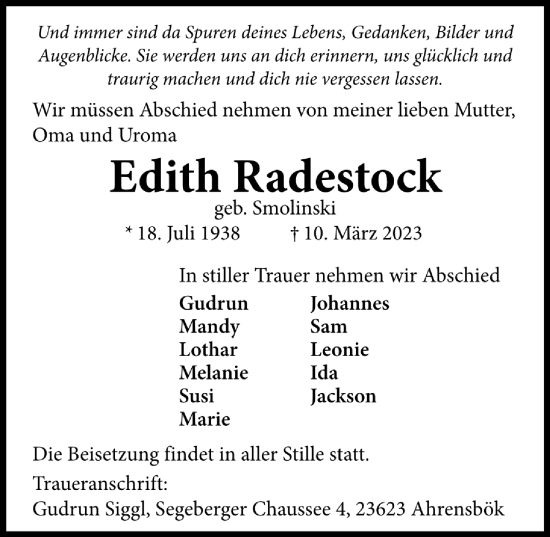 Traueranzeige von Edith Radestock von Ostsee-Zeitung GmbH