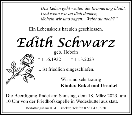 Traueranzeige von Edith Schwarz von Aller Zeitung