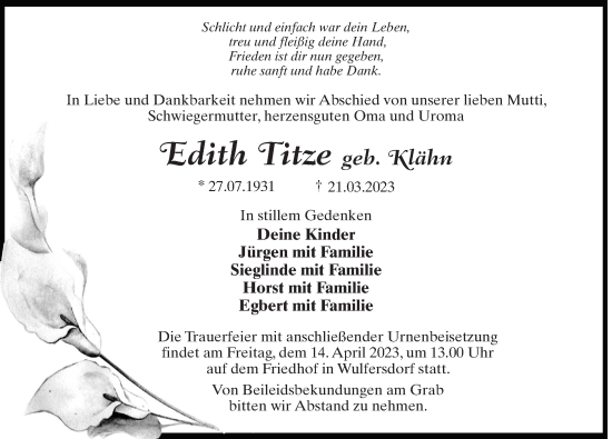 Traueranzeige von Edith Titze von Märkischen Allgemeine Zeitung