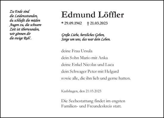 Traueranzeige von Edmund Löffler von Ostsee-Zeitung GmbH