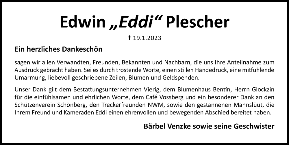  Traueranzeige für Edwin Plescher vom 04.03.2023 aus Ostsee-Zeitung GmbH