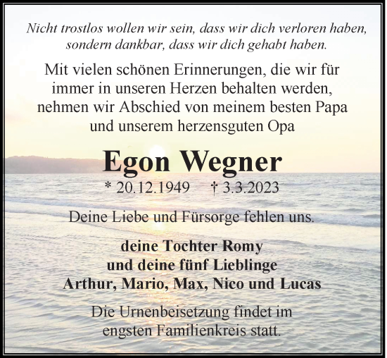 Traueranzeige von Egon Wegner von Ostsee-Zeitung GmbH