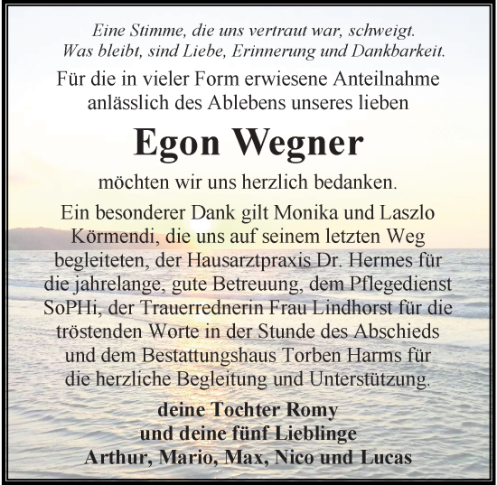 Traueranzeige von Egon Wegner von Ostsee-Zeitung GmbH