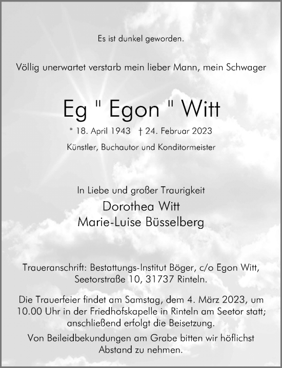 Traueranzeige von Egon Witt von Schaumburger Nachrichten