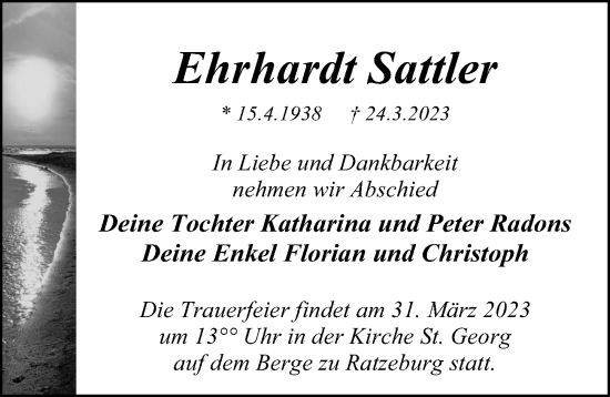 Traueranzeige von Ehrhardt Sattler von Lübecker Nachrichten