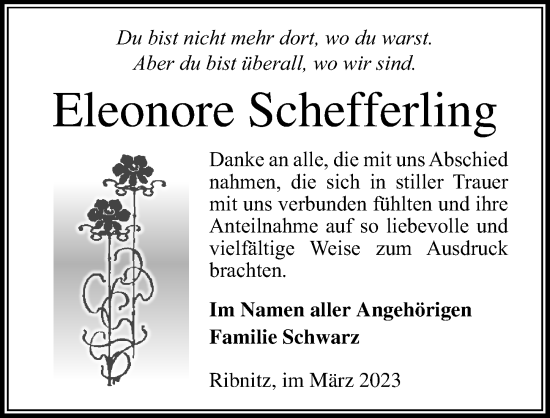 Traueranzeige von Eleonore Schefferling von Ostsee-Zeitung GmbH