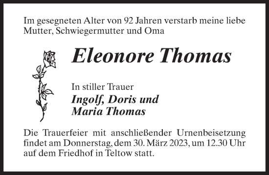 Traueranzeige von Eleonore Thomas von Märkischen Allgemeine Zeitung