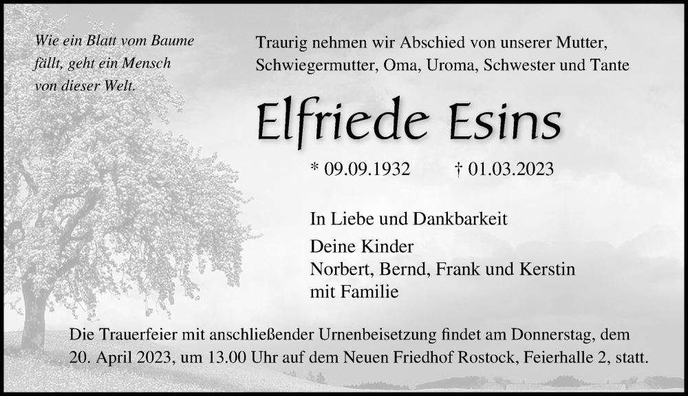  Traueranzeige für Elfriede Esins vom 11.03.2023 aus Ostsee-Zeitung GmbH