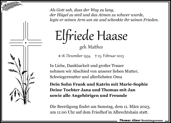 Traueranzeige von Elfriede Haase von Leipziger Volkszeitung