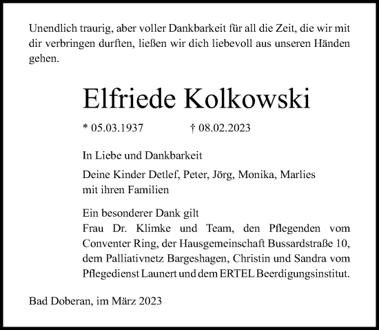 Traueranzeige von Elfriede Kolkowski von Ostsee-Zeitung GmbH