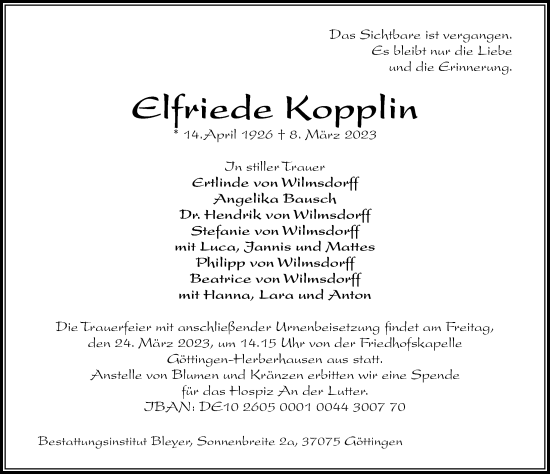Traueranzeige von Elfriede Kopplin von Göttinger Tageblatt