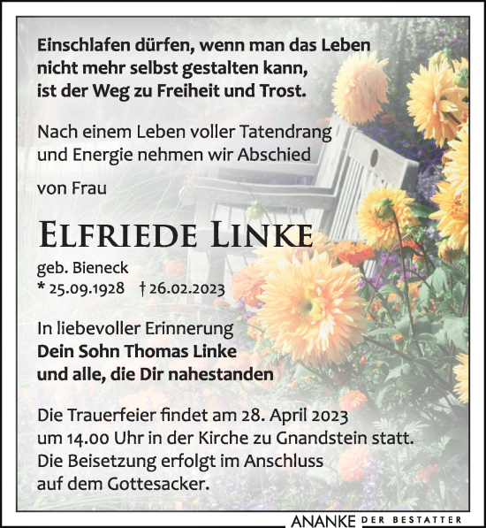 Traueranzeige von Elfriede Linke von Leipziger Volkszeitung